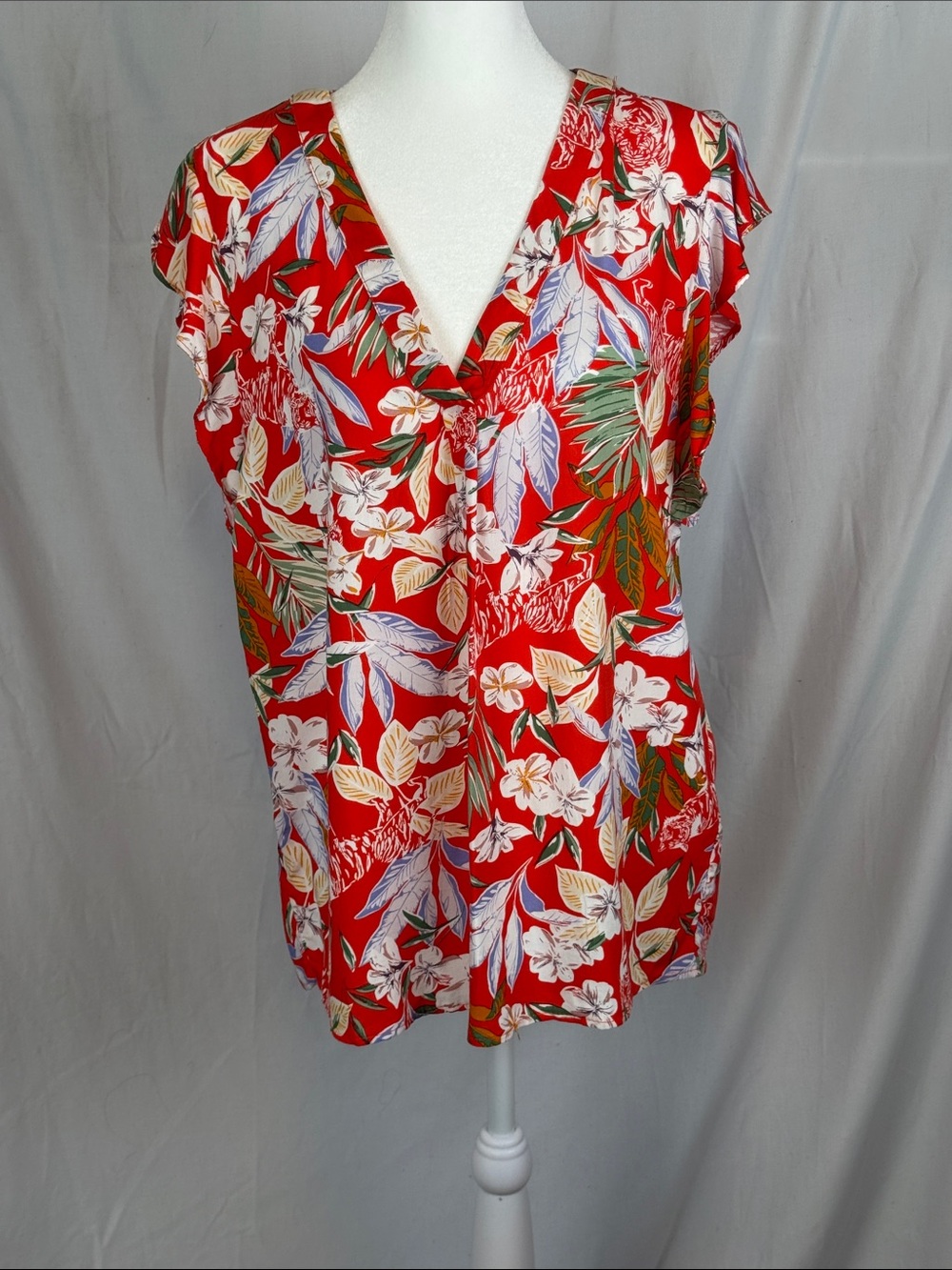 Women's Rose & Thyme Orange Tropical Print Blouse Flutter Sleeves Medium NWT
